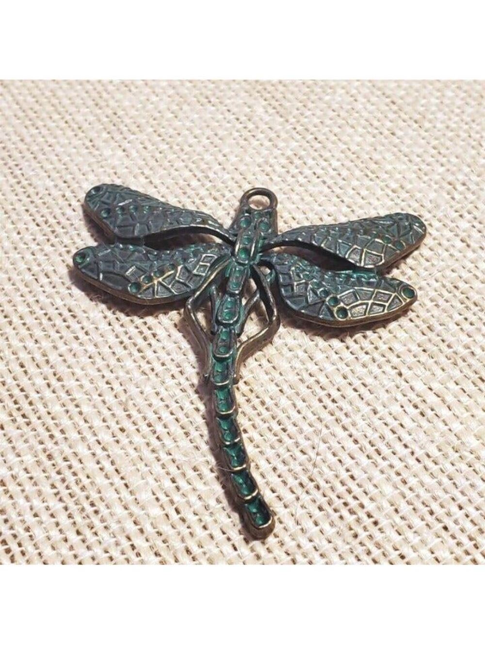 Art Nouveau Antique Bronze Verdigris Green Patina Carved Dragonfly Pendant